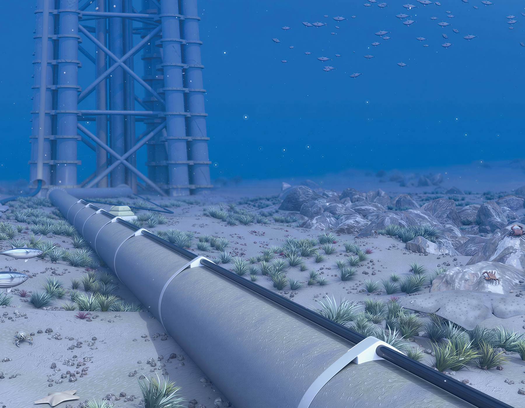 Illustrative rendering of an offshore platform with subsea pipeline infrastructure